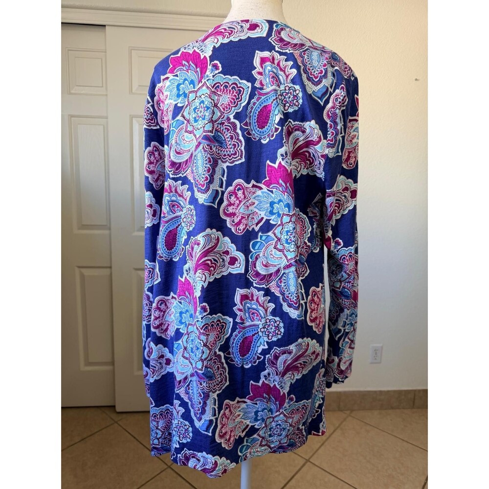 Chicos Ultimate Tee Size 2 Large Paisley Open Front Cardigan Top Pockets Boho - Picture 3 of 13
